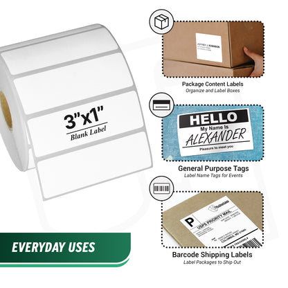 3 x 1in Blank Label: Direct Thermal Permanent Adhesive (1 inch Core)