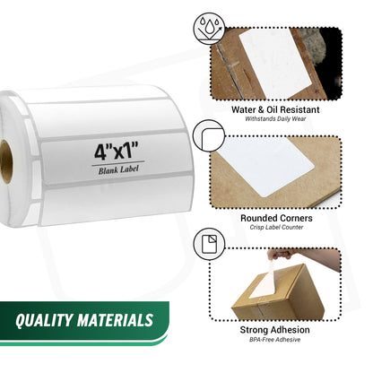 4 x 1in Blank Label: Direct Thermal Permanent Adhesive (1 inch Core)