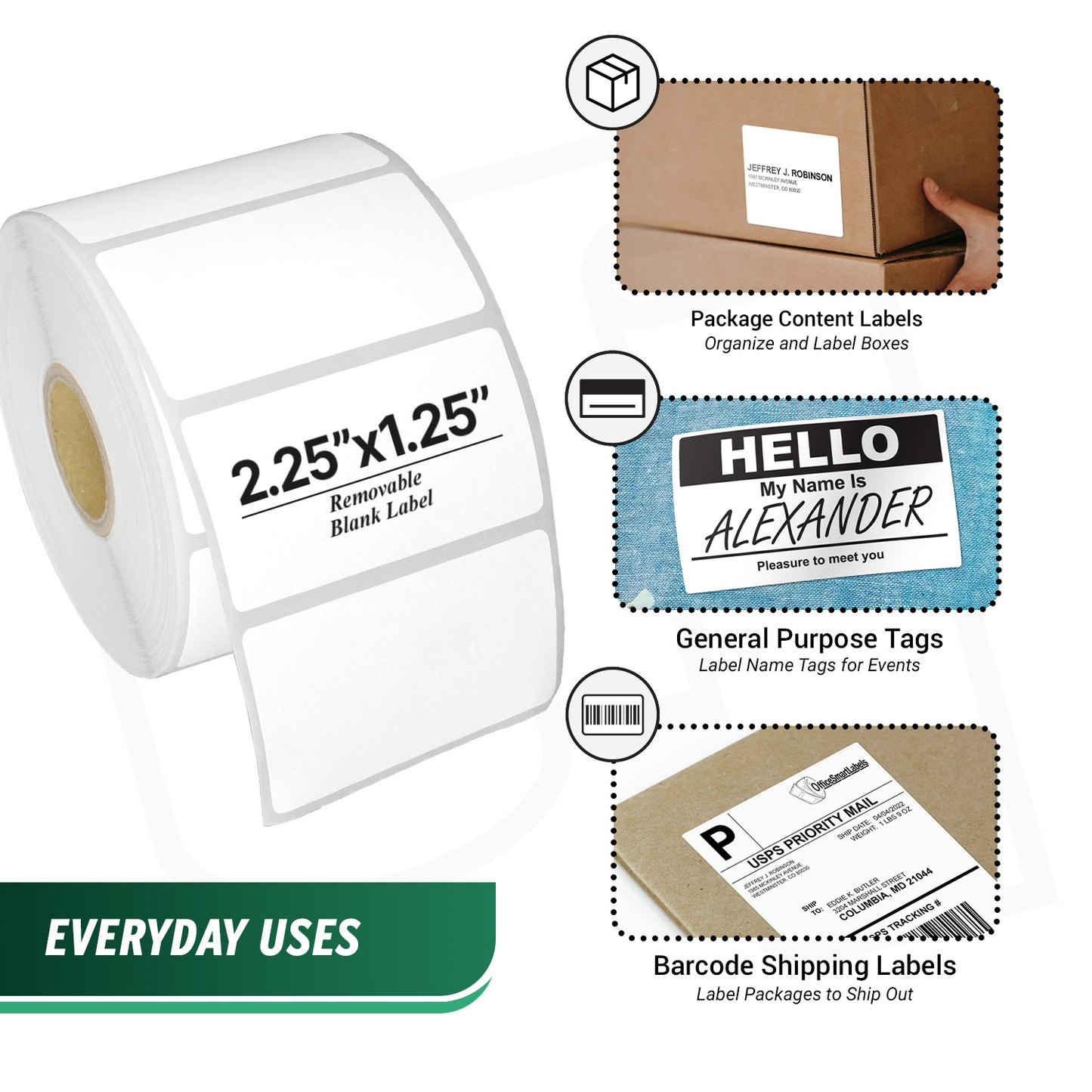 2.25 x 1.25in Blank Label: Direct Thermal Removable Adhesive (1 inch Core)
