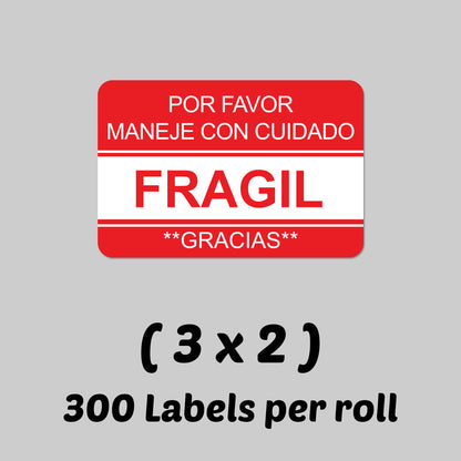 3 x 2in Sticker: Fragil Maneje Con Cuidado Etiqueta Label Roll (Spanish)
