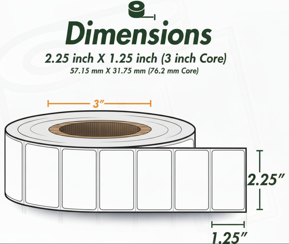 2.25 x 1.25in Blank Label: Direct Thermal (3 inch Core)