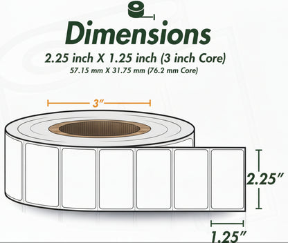 2.25 x 1.25in Blank Label: Direct Thermal (3 inch Core)